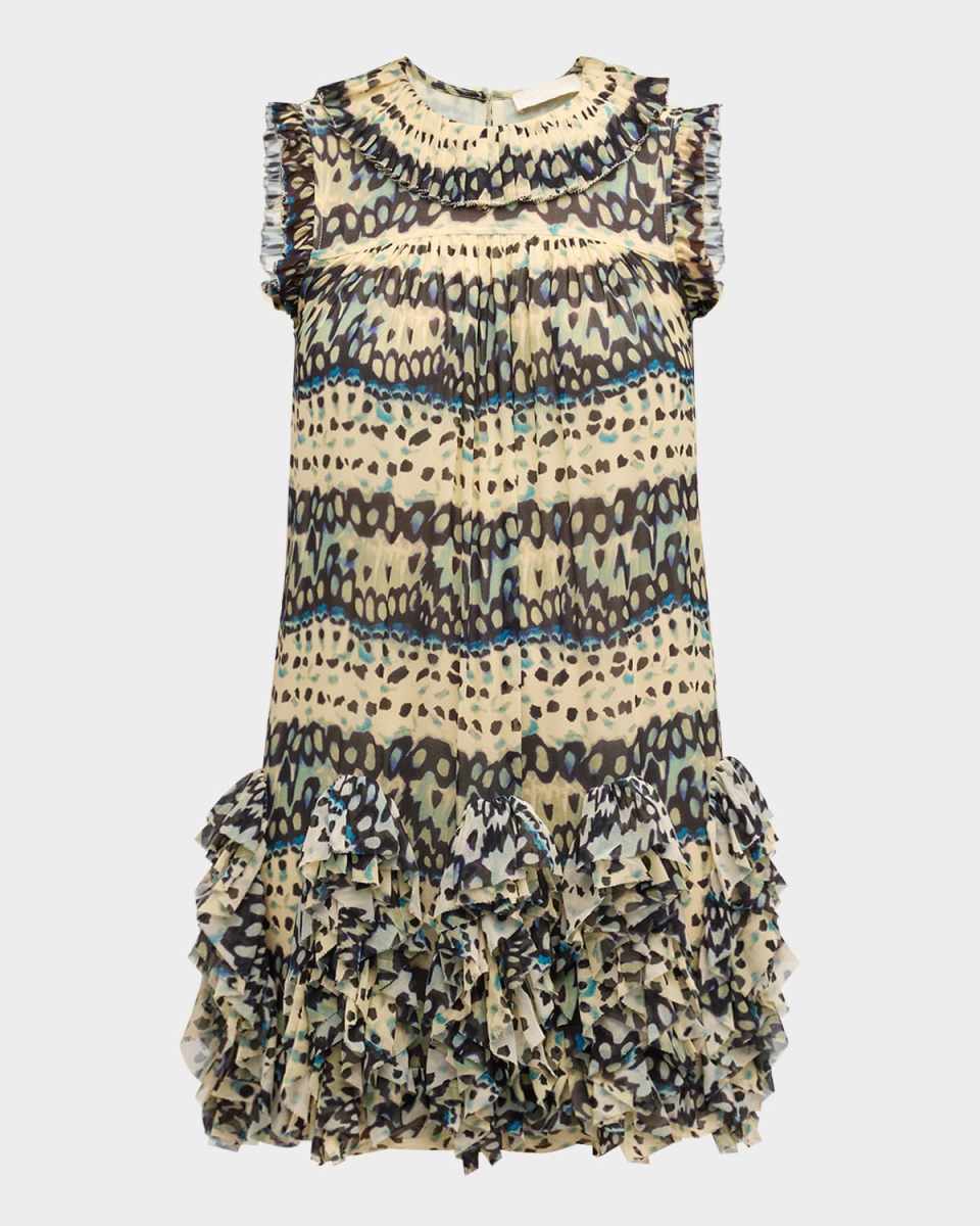 Miri Abstract-Print Ruffle Silk Mini Dress